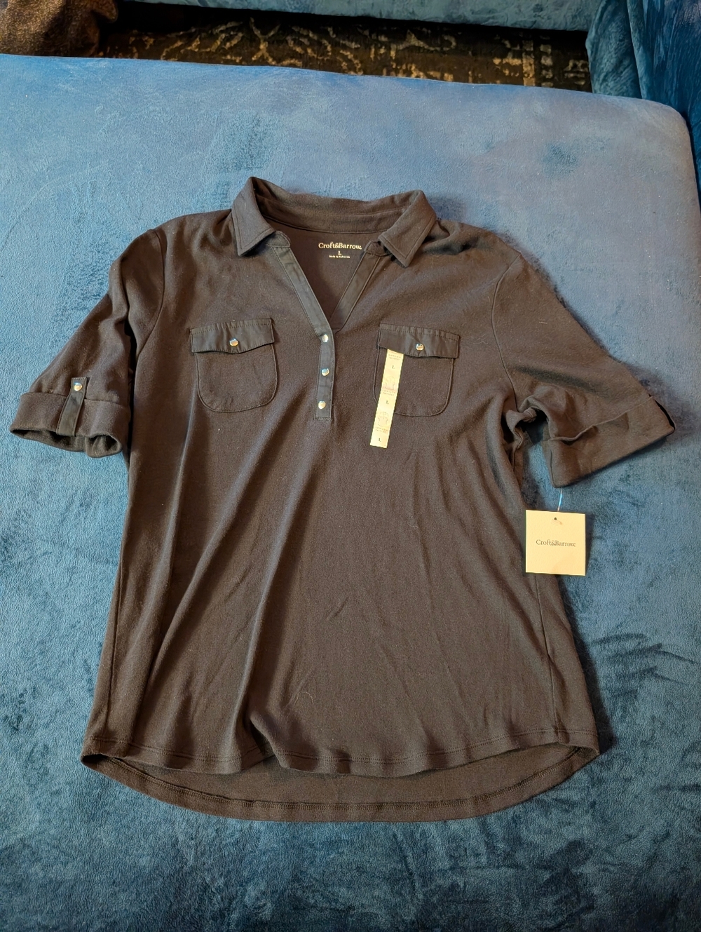 NWT Croft & Barrow black polo elbow-sleeve two pocket shirt tee